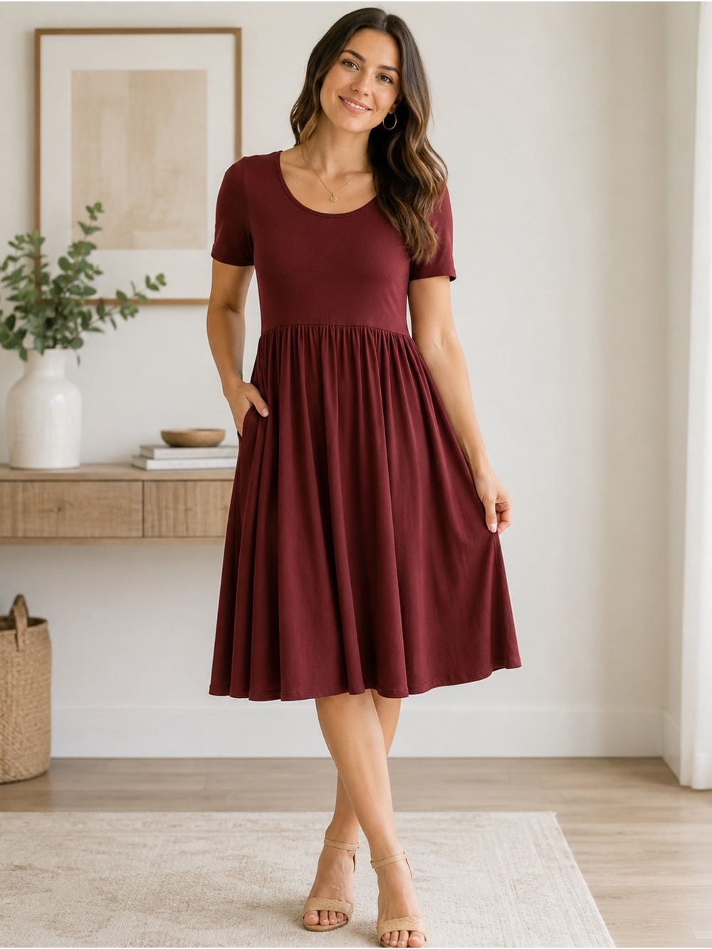 Zenana Burgundy Short Sleeve A-Line Midi Dress Boho Minimalist Fall Academia